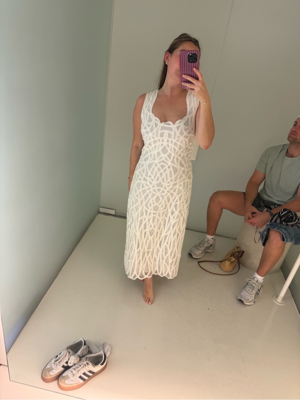 White Crochet Midi Dress - Sleeveless Scoop Neck Summer Dress